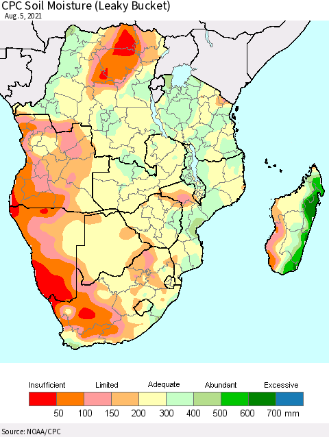 Southern Africa CPC Soil Moisture (Leaky Bucket) Thematic Map For 8/1/2021 - 8/5/2021