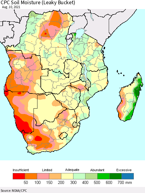 Southern Africa CPC Soil Moisture (Leaky Bucket) Thematic Map For 8/6/2021 - 8/10/2021