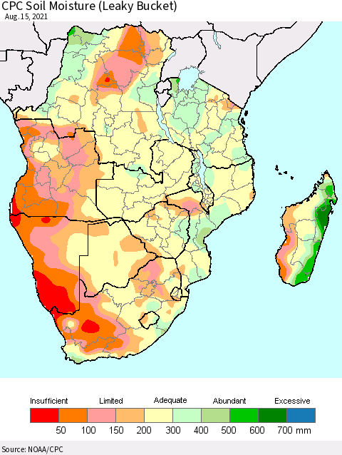 Southern Africa CPC Soil Moisture (Leaky Bucket) Thematic Map For 8/11/2021 - 8/15/2021