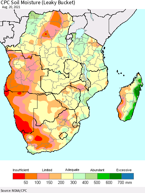 Southern Africa CPC Soil Moisture (Leaky Bucket) Thematic Map For 8/16/2021 - 8/20/2021