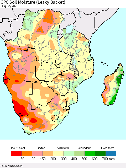 Southern Africa CPC Soil Moisture (Leaky Bucket) Thematic Map For 8/21/2021 - 8/25/2021
