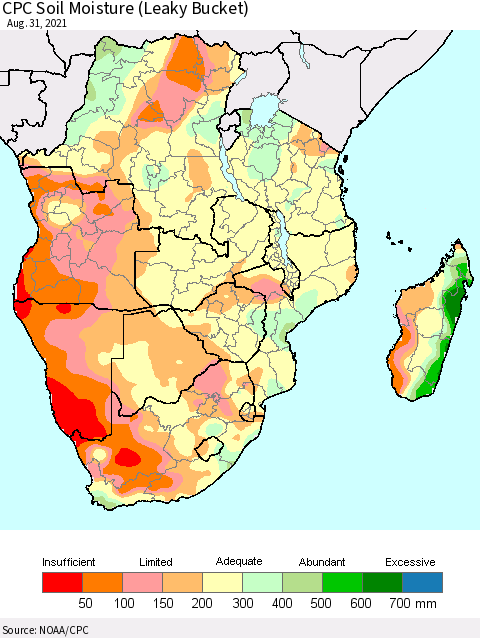 Southern Africa CPC Soil Moisture (Leaky Bucket) Thematic Map For 8/26/2021 - 8/31/2021