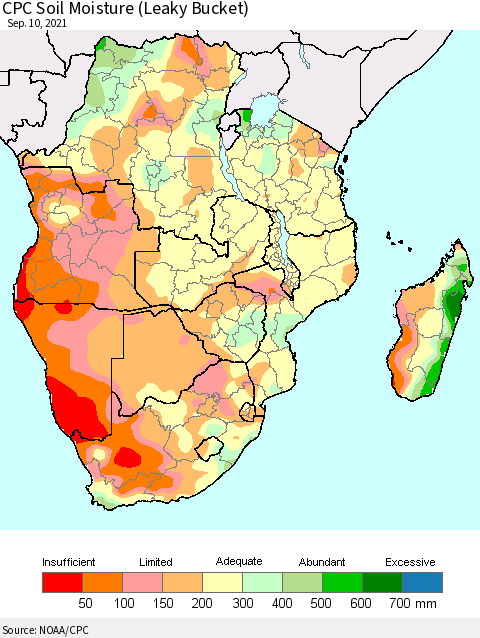 Southern Africa CPC Soil Moisture (Leaky Bucket) Thematic Map For 9/6/2021 - 9/10/2021