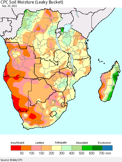 Southern Africa CPC Soil Moisture (Leaky Bucket) Thematic Map For 9/16/2021 - 9/20/2021