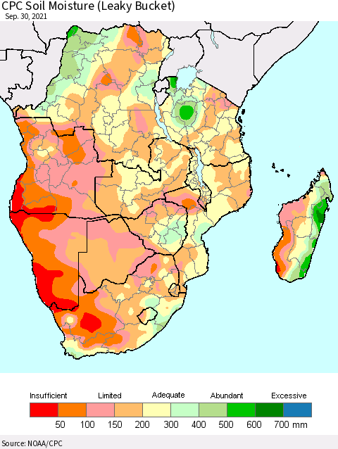 Southern Africa CPC Soil Moisture (Leaky Bucket) Thematic Map For 9/26/2021 - 9/30/2021