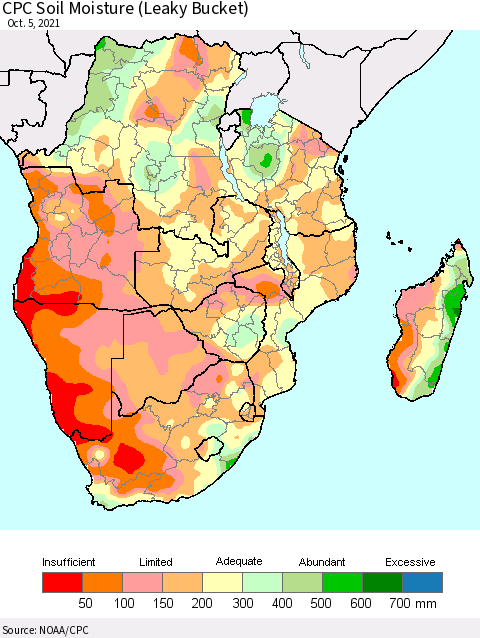 Southern Africa CPC Soil Moisture (Leaky Bucket) Thematic Map For 10/1/2021 - 10/5/2021