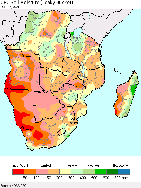 Southern Africa CPC Soil Moisture (Leaky Bucket) Thematic Map For 10/11/2021 - 10/15/2021