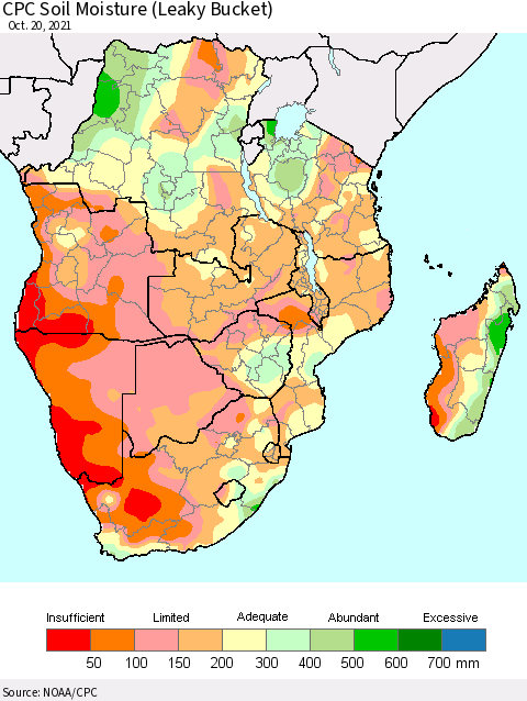 Southern Africa CPC Soil Moisture (Leaky Bucket) Thematic Map For 10/16/2021 - 10/20/2021
