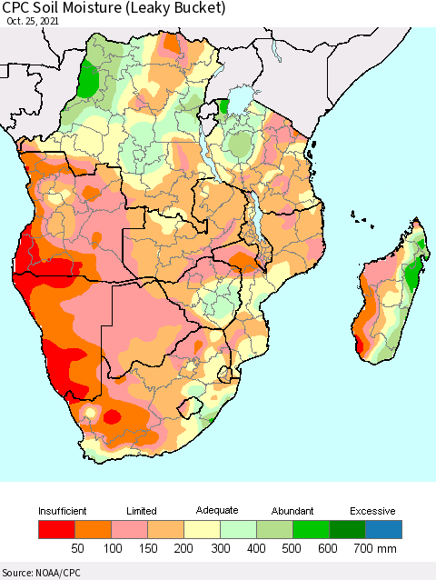 Southern Africa CPC Soil Moisture (Leaky Bucket) Thematic Map For 10/21/2021 - 10/25/2021