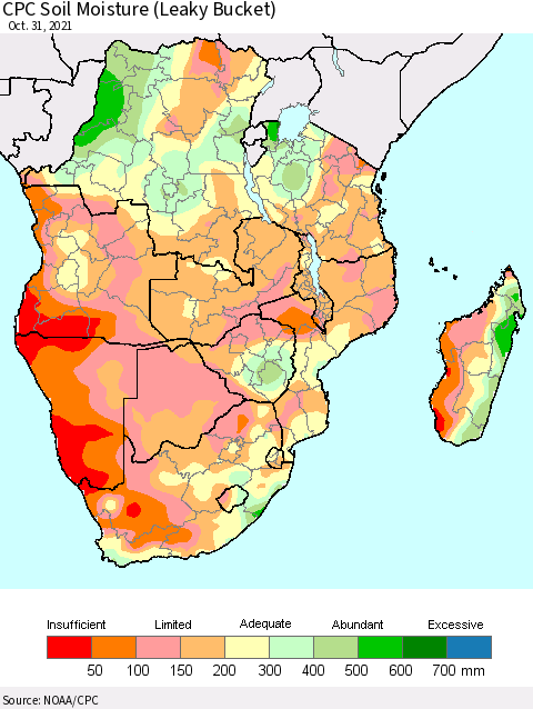 Southern Africa CPC Soil Moisture (Leaky Bucket) Thematic Map For 10/26/2021 - 10/31/2021