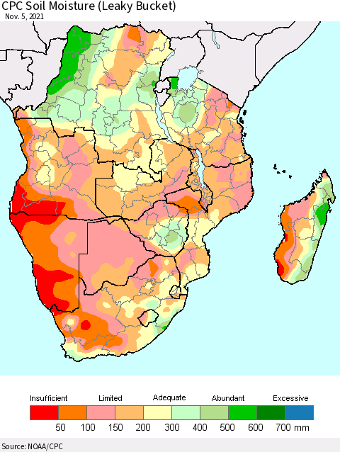 Southern Africa CPC Soil Moisture (Leaky Bucket) Thematic Map For 11/1/2021 - 11/5/2021