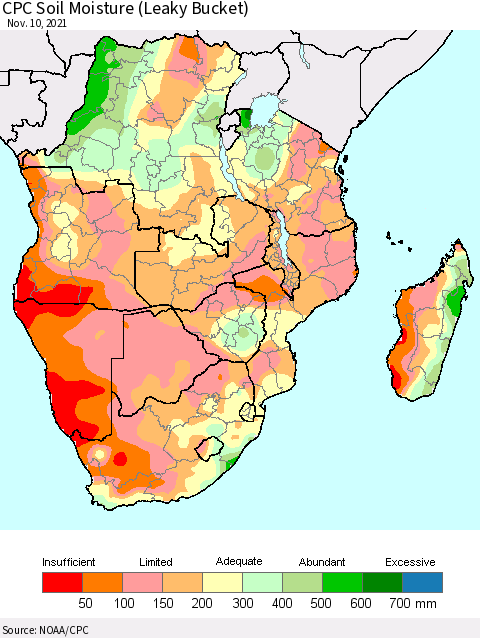 Southern Africa CPC Soil Moisture (Leaky Bucket) Thematic Map For 11/6/2021 - 11/10/2021