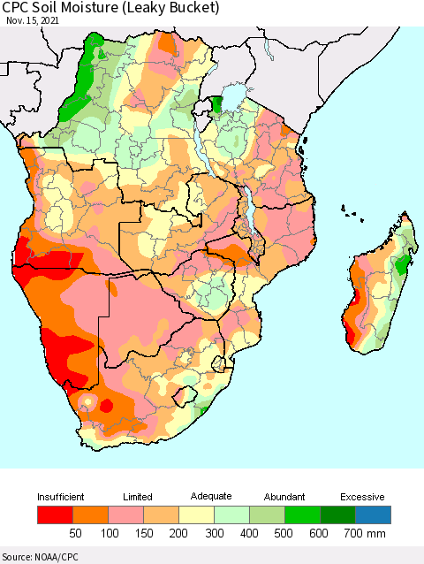 Southern Africa CPC Soil Moisture (Leaky Bucket) Thematic Map For 11/11/2021 - 11/15/2021