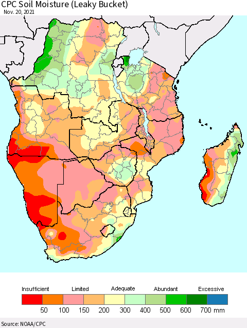 Southern Africa CPC Soil Moisture (Leaky Bucket) Thematic Map For 11/16/2021 - 11/20/2021