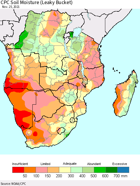 Southern Africa CPC Soil Moisture (Leaky Bucket) Thematic Map For 11/21/2021 - 11/25/2021