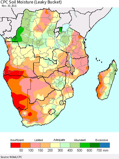 Southern Africa CPC Soil Moisture (Leaky Bucket) Thematic Map For 11/26/2021 - 11/30/2021