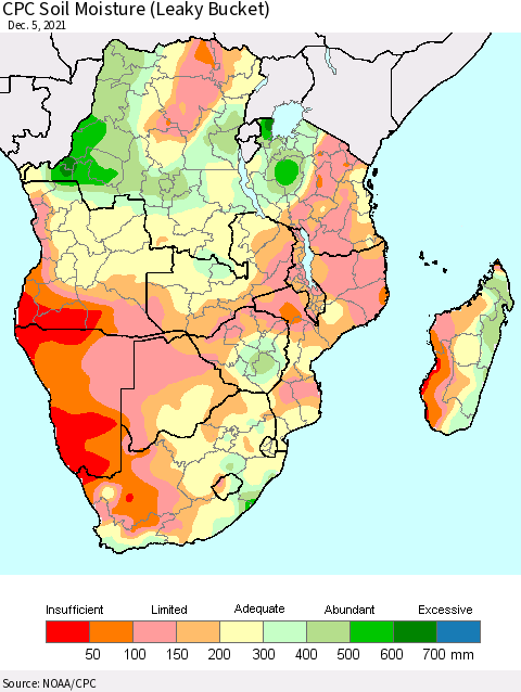 Southern Africa CPC Soil Moisture (Leaky Bucket) Thematic Map For 12/1/2021 - 12/5/2021