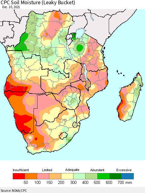 Southern Africa CPC Soil Moisture (Leaky Bucket) Thematic Map For 12/6/2021 - 12/10/2021