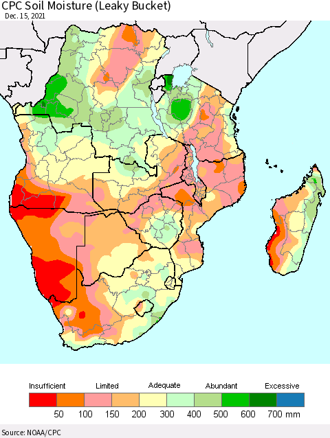 Southern Africa CPC Soil Moisture (Leaky Bucket) Thematic Map For 12/11/2021 - 12/15/2021