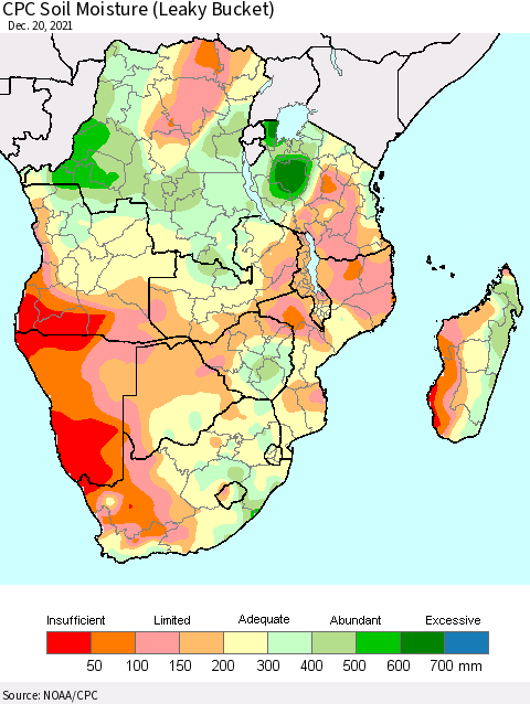 Southern Africa CPC Soil Moisture (Leaky Bucket) Thematic Map For 12/16/2021 - 12/20/2021