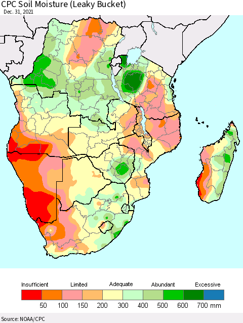 Southern Africa CPC Soil Moisture (Leaky Bucket) Thematic Map For 12/26/2021 - 12/31/2021