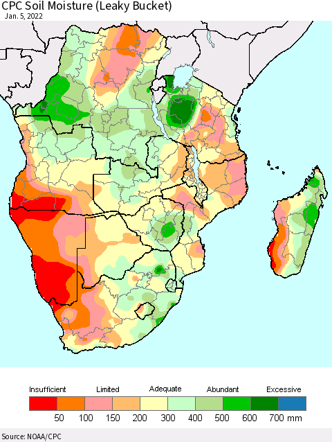 Southern Africa CPC Soil Moisture (Leaky Bucket) Thematic Map For 1/1/2022 - 1/5/2022