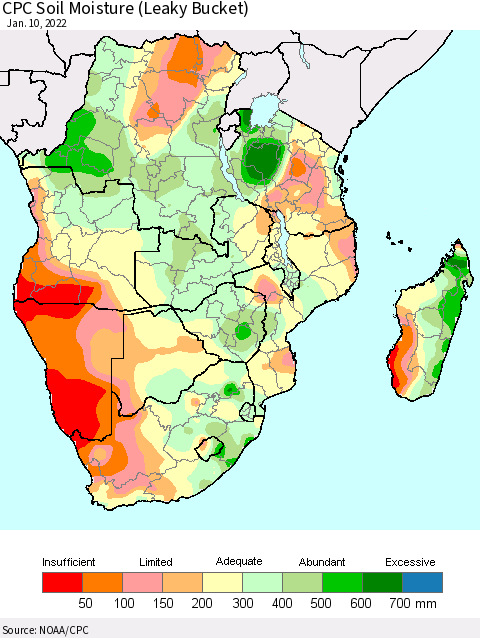 Southern Africa CPC Soil Moisture (Leaky Bucket) Thematic Map For 1/6/2022 - 1/10/2022