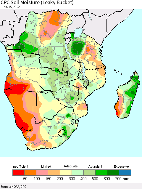 Southern Africa CPC Soil Moisture (Leaky Bucket) Thematic Map For 1/11/2022 - 1/15/2022
