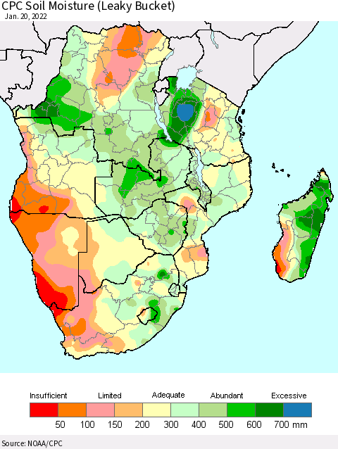 Southern Africa CPC Soil Moisture (Leaky Bucket) Thematic Map For 1/16/2022 - 1/20/2022