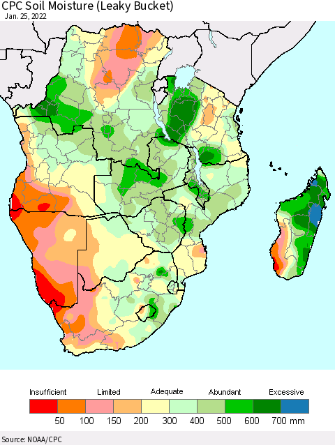 Southern Africa CPC Soil Moisture (Leaky Bucket) Thematic Map For 1/21/2022 - 1/25/2022