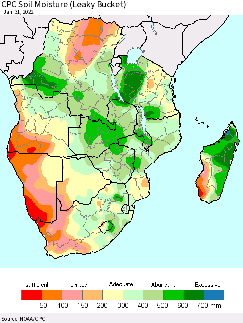Southern Africa CPC Soil Moisture (Leaky Bucket) Thematic Map For 1/26/2022 - 1/31/2022