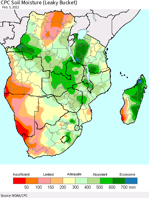 Southern Africa CPC Soil Moisture (Leaky Bucket) Thematic Map For 2/1/2022 - 2/5/2022