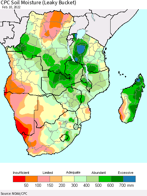 Southern Africa CPC Soil Moisture (Leaky Bucket) Thematic Map For 2/6/2022 - 2/10/2022