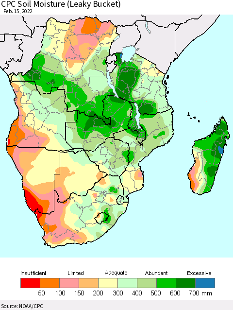 Southern Africa CPC Soil Moisture (Leaky Bucket) Thematic Map For 2/11/2022 - 2/15/2022