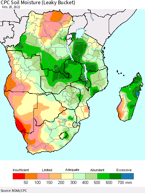 Southern Africa CPC Soil Moisture (Leaky Bucket) Thematic Map For 2/16/2022 - 2/20/2022