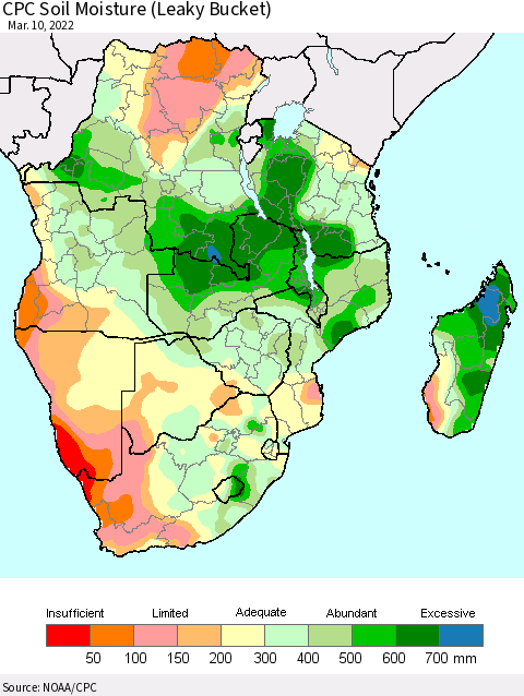 Southern Africa CPC Soil Moisture (Leaky Bucket) Thematic Map For 3/6/2022 - 3/10/2022