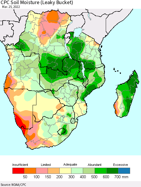Southern Africa CPC Soil Moisture (Leaky Bucket) Thematic Map For 3/21/2022 - 3/25/2022