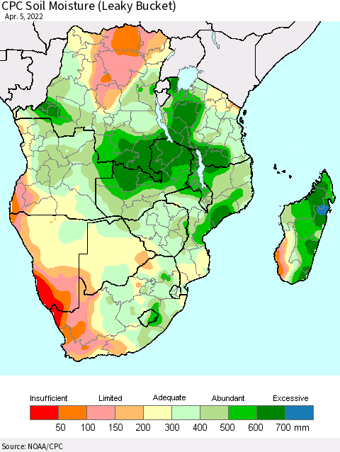 Southern Africa CPC Soil Moisture (Leaky Bucket) Thematic Map For 4/1/2022 - 4/5/2022