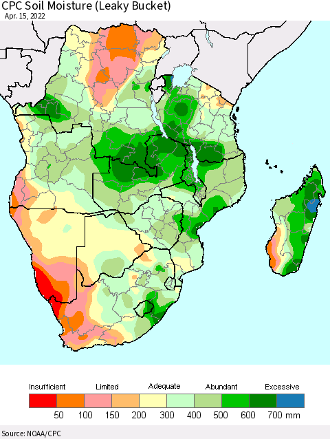 Southern Africa CPC Soil Moisture (Leaky Bucket) Thematic Map For 4/11/2022 - 4/15/2022