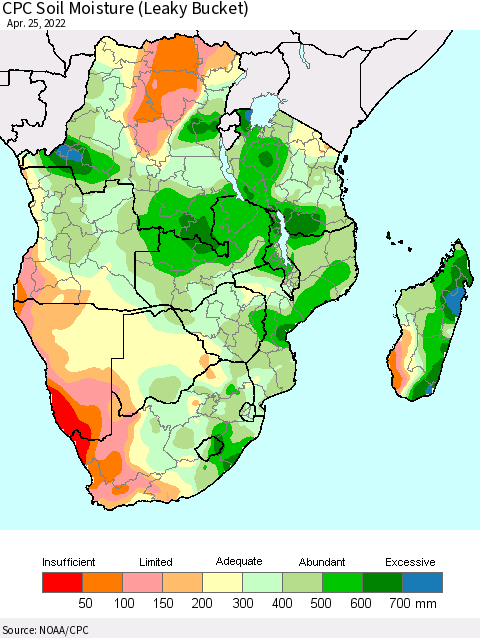 Southern Africa CPC Soil Moisture (Leaky Bucket) Thematic Map For 4/21/2022 - 4/25/2022