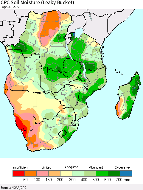 Southern Africa CPC Soil Moisture (Leaky Bucket) Thematic Map For 4/26/2022 - 4/30/2022