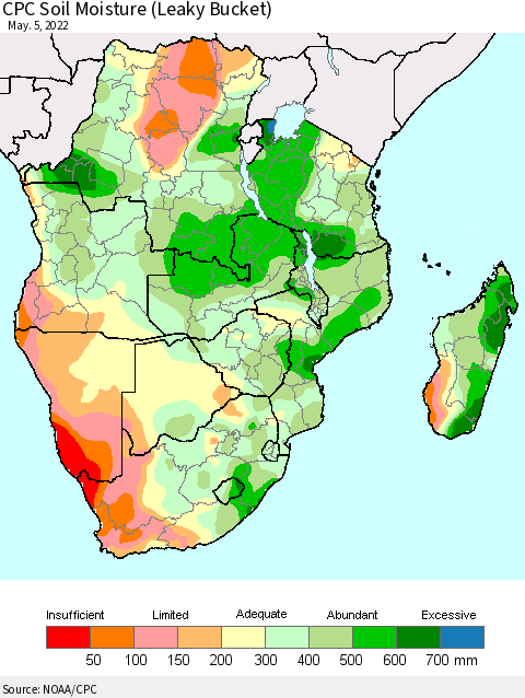 Southern Africa CPC Soil Moisture (Leaky Bucket) Thematic Map For 5/1/2022 - 5/5/2022