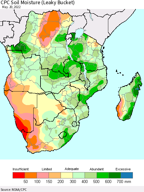 Southern Africa CPC Soil Moisture (Leaky Bucket) Thematic Map For 5/16/2022 - 5/20/2022