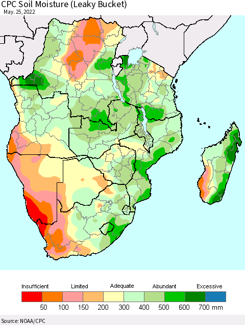 Southern Africa CPC Soil Moisture (Leaky Bucket) Thematic Map For 5/21/2022 - 5/25/2022