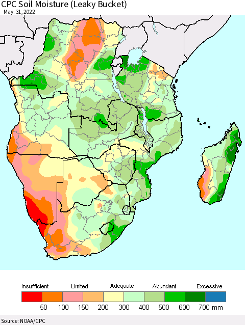 Southern Africa CPC Soil Moisture (Leaky Bucket) Thematic Map For 5/26/2022 - 5/31/2022