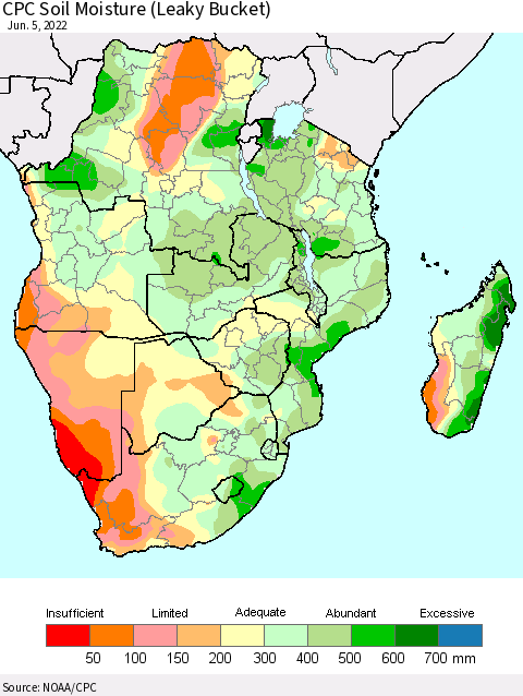 Southern Africa CPC Soil Moisture (Leaky Bucket) Thematic Map For 6/1/2022 - 6/5/2022