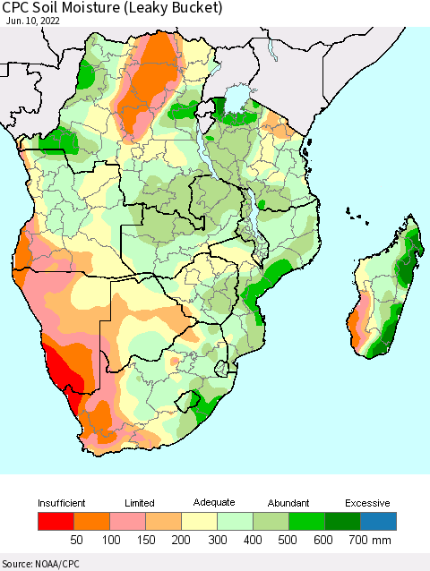 Southern Africa CPC Soil Moisture (Leaky Bucket) Thematic Map For 6/6/2022 - 6/10/2022
