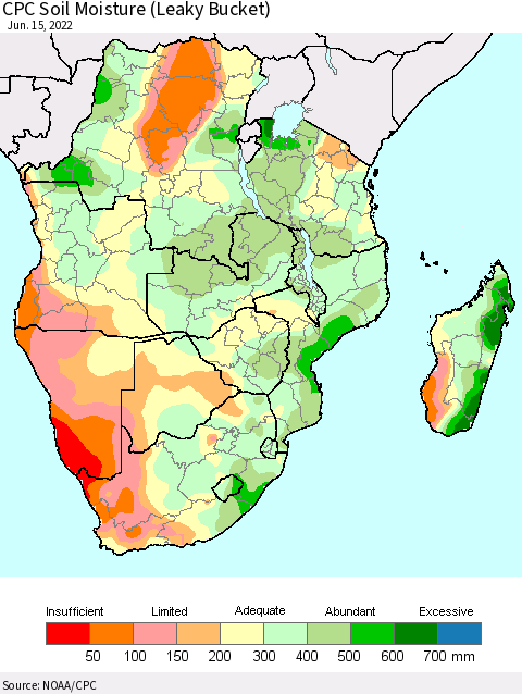 Southern Africa CPC Soil Moisture (Leaky Bucket) Thematic Map For 6/11/2022 - 6/15/2022