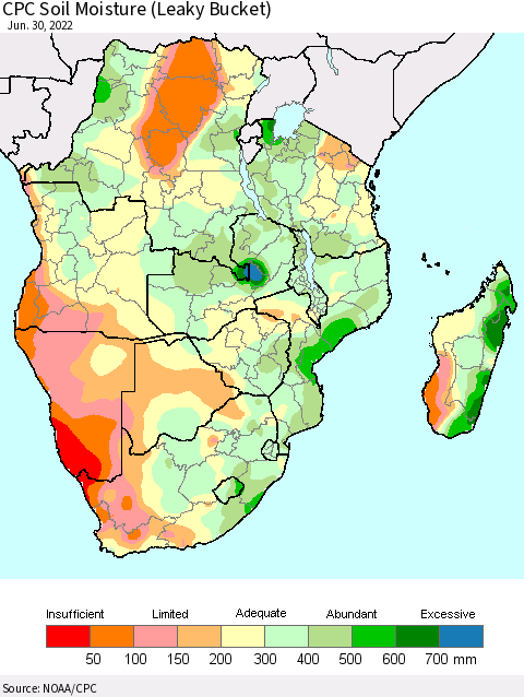Southern Africa CPC Soil Moisture (Leaky Bucket) Thematic Map For 6/26/2022 - 6/30/2022