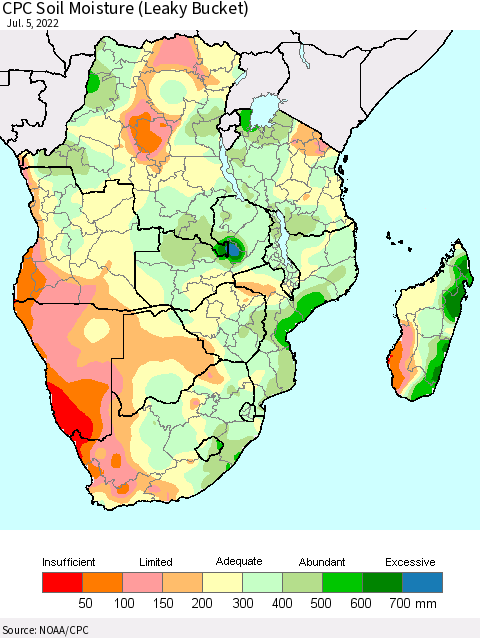 Southern Africa CPC Soil Moisture (Leaky Bucket) Thematic Map For 7/1/2022 - 7/5/2022
